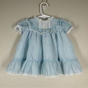 Fayette Vintage Baby Girl Dress Blue White Dots Lace Size 3-6 Months